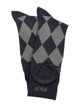 Calcetín de caña media con diseño de rombos en tonos azul marino y gris, con elástico superior y logo de la marca RKF tejido.