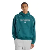 Canguro con capucha New Balance color verde, con mangas raglán, bolsillo frontal tipo canguro y logo estampado en el pecho. Presenta detalles de costuras en contraste y cordones ajustables en la capucha.