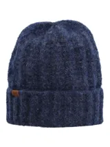 Gorro tipo beanie de tejido acanalado en color azul jaspeado, con vuelta en el borde y etiqueta pequeña de cuero sintético en el lateral.