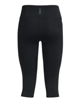 Calza deportiva tipo capri de Under Armour, color negro, con cintura alta, bolsillo lateral y detalles reflectantes en los bajos. Confeccionada en tejido HeatGear de secado rápido y elástico.