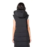 Campera multifunción modular color negro, con diseño matelaseado y capucha desmontable. Su sistema de cierres permite transformarla en cuatro versiones: campera larga, campera corta, chaleco largo y chaleco corto.
