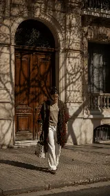 Ruana tejida artesanalmente en lana merino, con diseño envolvente en tonos tierra y detalles en color bordó. Presenta terminaciones con flecos en los extremos.