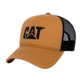 Gorro tipo trucker con panel frontal de espuma color marrón y parte trasera de malla negra. Presenta el logo de la marca estampado en alta densidad en el frente, visera curvada y cierre ajustable con broche.
