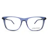 Armazón de anteojos Linea Roma modelo 134, con marco de acetato translúcido en color azul y detalles metálicos en las bisagras.