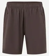 Bermuda deportiva gris con cintura elástica, cordón de ajuste, bolsillos con cremallera, recorte lateral con agujeritos y abertura en el bajo.