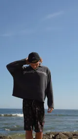 Buzo gris de tejido de punto con textura acanalada, cuello polo y escote en V. Presenta un estampado frontal con la inscripción 'glassy wa'.