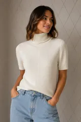 Polera de tejido de punto acanalado color blanco, con cuello alto y mangas cortas.