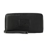 Billetera de cuero negro con cierre de cremallera y correa de mano extraíble. Logotipo XL grabado en la parte frontal inferior.