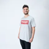 Remera gris de manga corta con estampa frontal del logo de Wrangler en un recuadro rojo.
