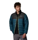 Campera puffer Columbia modelo Powder Lite II, diseño en bloque de color con la parte superior negra y la inferior en verde oscuro, con cierre frontal y detalles en verde lima brillante.