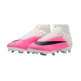 Championes de fútbol Nike Mercurial Superfly Academy FG/MG, diseño de caña alta con tecnología NikeSkin, color blanco con degradado fucsia y gran swoosh negro en el lateral.