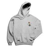 Canguro gris con capucha y bolsillo frontal tipo canguro. Presenta un pequeño estampado en el pecho que muestra un carpincho sosteniendo una tabla de surf.