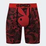 Calzoncillos tipo bóxer de PSD con estampado de dragones y conejos de Playboy en color rojo sobre fondo negro. Cintura elástica roja con logo de PSD en negro.