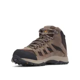 Bota de trekking Columbia Crestwood Mid impermeable, confeccionada en una combinación de cuero gamuzado y malla en tonos marrón y negro, con entresuela amortiguada y suela de alta tracción.