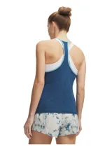 Musculosa deportiva Under Armour de entrenamiento, modelo Vanish Racerback, en color azul con detalles en celeste y blanco en el cuello y las sisas. Presenta diseño de espalda deportiva y aberturas laterales en el bajo, con el logo de la marca en el pecho.