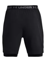 Short deportivo Under Armour Vanish Woven 2N1 de color negro, con diseño 2 en 1 que incluye calza de compresión integrada, cintura elástica y bolsillos laterales.