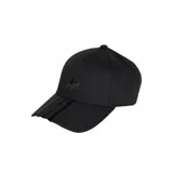 Gorra Adidas color negro, confeccionada en algodón, con visera curva con detalles de tres franjas tonales y el logo del Trifolio bordado en el frente.