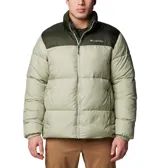 Campera puffer Columbia modelo Puffect III, con diseño de bloques de color en verde oscuro y beige. Presenta cuello alto, cierre frontal completo, bolsillos laterales con cierre y puños elásticos.