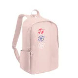 Mochila Topper color rosa con logo estampado en rojo, azul y blanco.