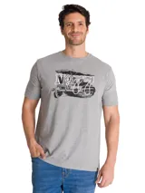 Remera gris melange de manga corta y cuello redondo, con estampa frontal en blanco y negro de un vehículo histórico con la inscripción 'No. 77' y etiqueta con el logo de la marca en el dobladillo.