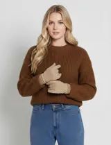 Guantes de tejido soft color rosa pálido, con puño elastizado en tono malva con logo bordado.