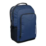 Mochila Caterpillar azul marino con detalles en negro. Cuenta con un compartimento principal grande, un bolsillo delantero con llavero fijo, bolsillos internos y un bolsillo lateral de red. El logo de Caterpillar está impreso en el frente y en las correas.