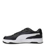 Championes Puma Rebound Break de estilo urbano inspirado en el básquet retro. Presentan una capellada de material sintético en color negro con la icónica franja lateral de Puma en blanco y una suela de goma blanca con detalles en negro.