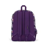 Mochila Jansport Cross Town de 26 litros, con estampado de flores en tonos violeta, rosa y verde sobre fondo morado. Cuenta con un compartimento principal con cierre, un bolsillo frontal con cierre, un bolsillo lateral de malla y correas acolchadas ajustables.