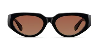 Lentes de sol con montura geométrica tipo cat-eye de color negro y cristales polarizados en tono marrón.