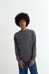 Remera de manga larga con cuello redondo, confeccionada en tejido de algodón y poliéster, con un diseño básico y versátil.