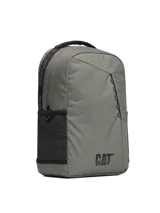 Mochila urbana Cat modelo Explorer, color gris, con compartimento principal, bolsillo frontal con cierre y bolsillos laterales de malla. Cuenta con panel trasero y correas acolchadas, y detalle de logo reflectante.