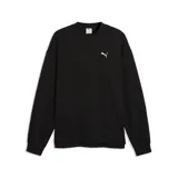 Buzo Puma ESS Elevated Relax Material Crew de color negro, confeccionado con textura acanalada sutil, cuello redondo, mangas largas y el clásico logo del felino de la marca bordado en blanco en el pecho.