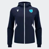 Chaqueta deportiva con capucha y cierre frontal, color azul marino, con patrón geométrico en relieve en el cuerpo. Presenta detalles en blanco en los laterales y puños y tobillos ajustados. Lleva el logo de Macron y el escudo de Uruguay Rugby en el pecho.