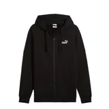 Campera negra con cierre frontal, capucha con cordones ajustables, bolsillos tipo canguro y logo Puma estampado en blanco en el pecho.