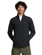 Buzo de entrenamiento Under Armour con cierre frontal parcial, cuello alto y bolsillos laterales con cremallera. Presenta un diseño híbrido con tejido elástico resistente al agua en la parte frontal y tejido de punto transpirable en mangas y espalda.