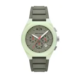 Reloj cronógrafo Armani Exchange con caja de 44 mm en color verde claro y correa de silicona en tono verde oliva. Presenta esfera gris con detalles en rojo, manecillas luminiscentes y ventana de fecha.