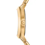 Reloj analógico Michael Kors con caja y malla de eslabones en acero inoxidable color dorado. Presenta una esfera minimalista con números romanos en las posiciones de las 12 y las 6, y manecillas finas.