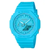 Reloj G-Shock Ga2100-2A2Dr en resina color celeste, con caja octogonal y pantalla digital. Resistente al agua hasta 200 metros.