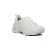 Championes deportivos casuales blancos para mujer, con suela gruesa y texturizada, cordones blancos y forro interior afelpado.