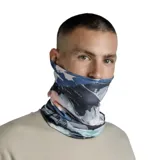 Cuello multifuncional Buff Original Ecostretch con estampado abstracto en tonos azul, gris, blanco y rosa.