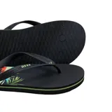 Chancletas Reef modelo Seaside Prints Retro Horizon, de color negro con diseño estampado en la planta y tiras finas con el logo de la marca en relieve.