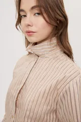 Camisa de manga larga con diseño de rayas verticales en tonos celestes, blancos y marrones, confeccionada en tejido semitransparente con cuello camisero y cierre frontal de botones.