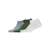 Pack de tres pares de medias New Balance de corte bajo, en colores gris, verde y blanco. Confeccionadas con tecnología NB Dry para absorción de humedad y arco de ingeniería para mejor ajuste.