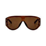 Lentes de sol de diseño oversize y estilo moderno, fabricados con plástico reciclado (RPET) en color marrón translúcido con lentes marrones y protección UV 400.