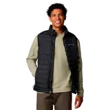 Chaleco negro Columbia Powder Lite II para hombre, con tecnología Omni-Heat de revestimiento térmico reflectante, tecnología Omni-Shield que repele la humedad y resiste las manchas, aislamiento Thermarator de poliéster reciclado, tela resistente al agua, protector de barbilla, bolsillos con cierre y bajo ajustable con cordón.