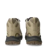 Botas de trekking Merrell modelo Tempo Exp Mid Wp, color beige con detalles en gris oscuro. Presentan una combinación de malla transpirable y refuerzos sintéticos, con tecnología impermeable, cordones ajustables y suela de goma con relieve para mayor tracción.
