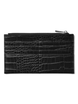 Billetera y monedero pequeño de Vero Moda en color negro, con diseño efecto piel de cocodrilo, cierre superior y logo dorado de la marca en el frente.