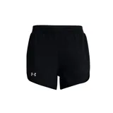 Short deportivo Under Armour para mujer, color negro, con logo reflectivo en la pierna izquierda y cintura elástica. Diseñado para running y entrenamiento.