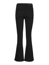 Pantalón de jean negro de tiro alto, corte ajustado en caderas y muslos, con pierna acampanada.