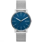 Reloj Skagen Signatur con caja de acero inoxidable plateado de 40mm de diámetro y malla metálica plateada de 20mm de ancho. Esfera azul mate protegida por cristal mineral resistente.